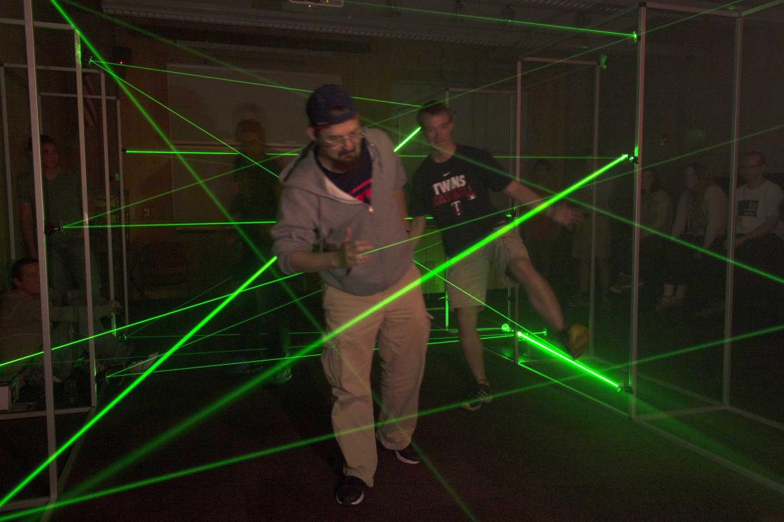 The flashiest draw of the show, the laser maze is a complex network of lasers in an otherwise pitch-black room through which visitors are required to navigate. The flashiest draw of the show, the laser maze is a complex network of lasers in an otherwise pitch-black room through which visitors are required to navigate.